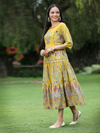 Juniper Women's Mustard Cambric Printed Tiered Dress | Grocsy