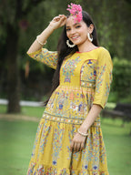 Juniper Women's Mustard Cambric Printed Tiered Dress | Grocsy