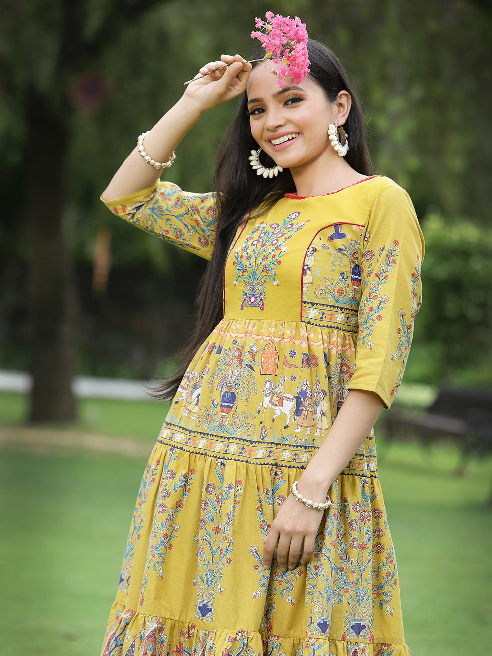 Juniper Women's Mustard Cambric Printed Tiered Dress | Grocsy