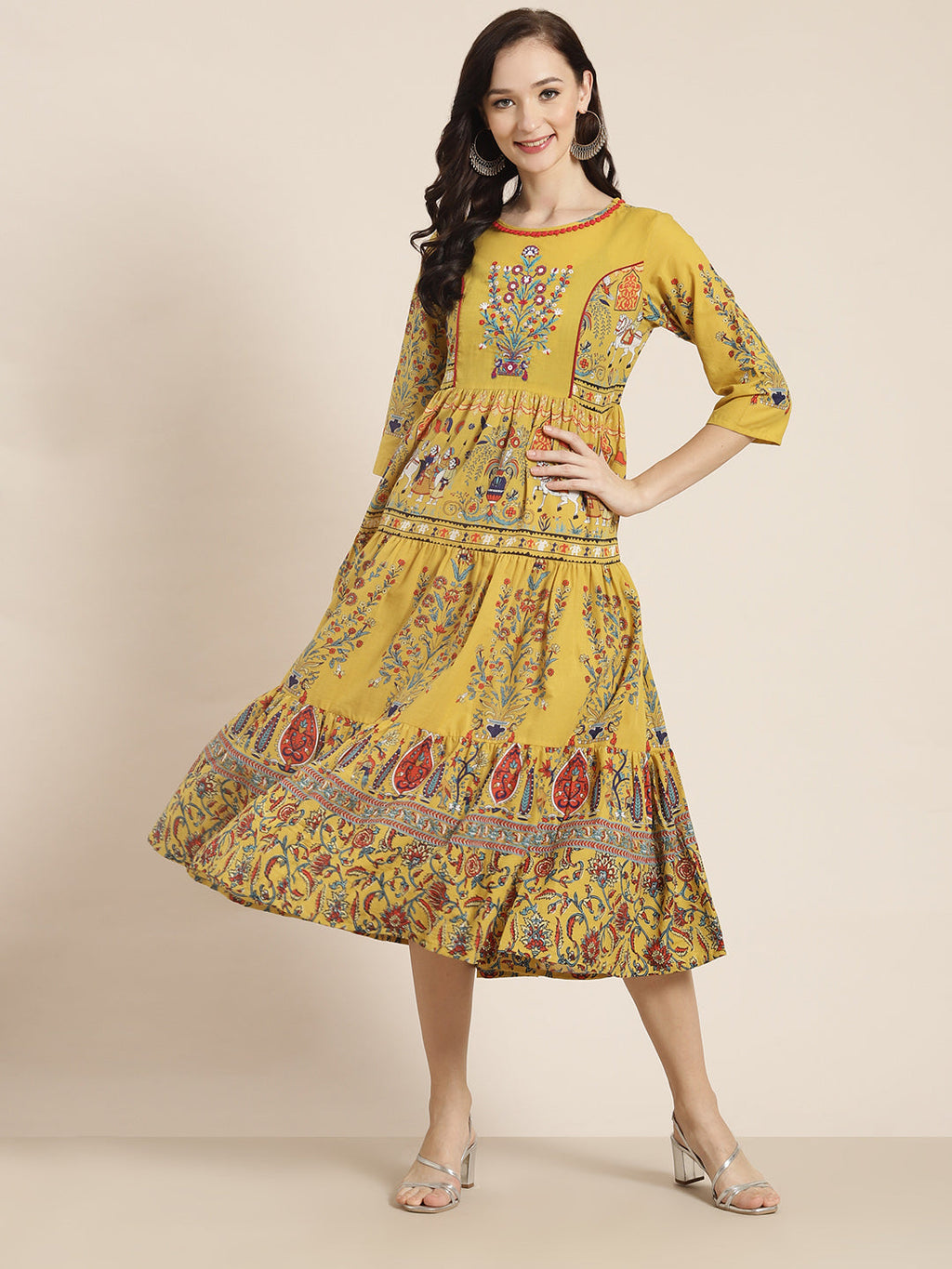 Juniper Women Mustard Cambric Printed Tiered Dress | Grocsy