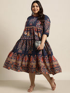 Juniper Women's Indigo Cambric Daily Wear Printed Tiered Dress | Grocsy