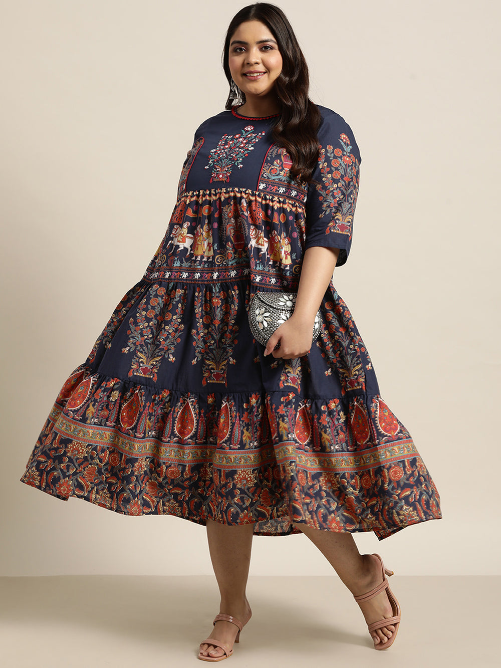 Juniper Women's Indigo Cambric Daily Wear Printed Tiered Dress | Grocsy
