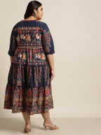 Juniper Women's Indigo Cambric Daily Wear Printed Tiered Dress | Grocsy