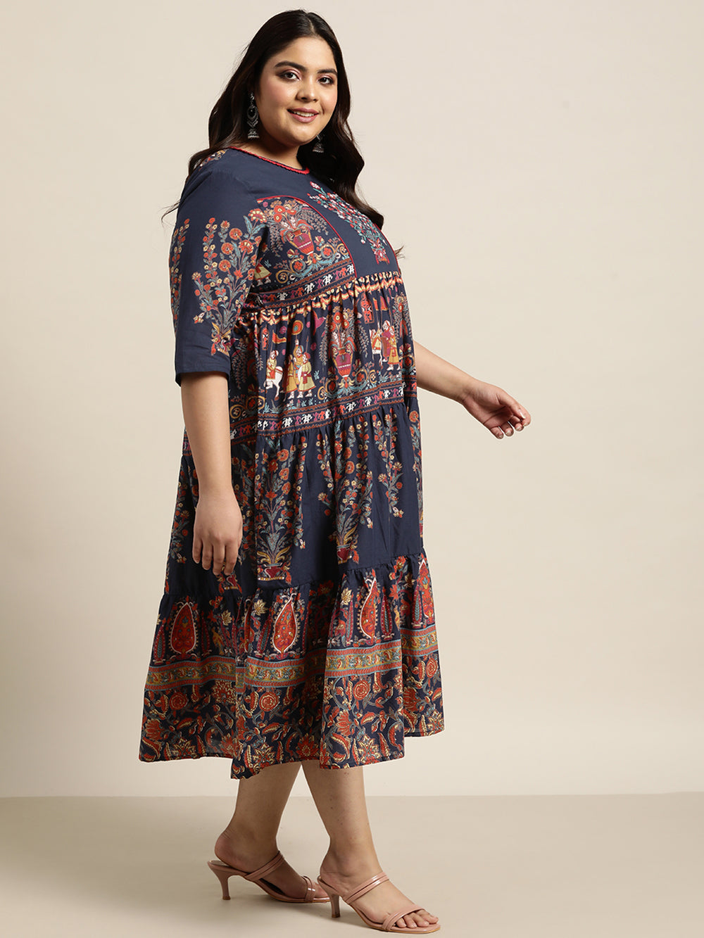 Juniper Women's Indigo Cambric Daily Wear Printed Tiered Dress | Grocsy
