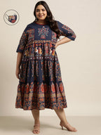 Juniper Women's Indigo Cambric Daily Wear Printed Tiered Dress | Grocsy