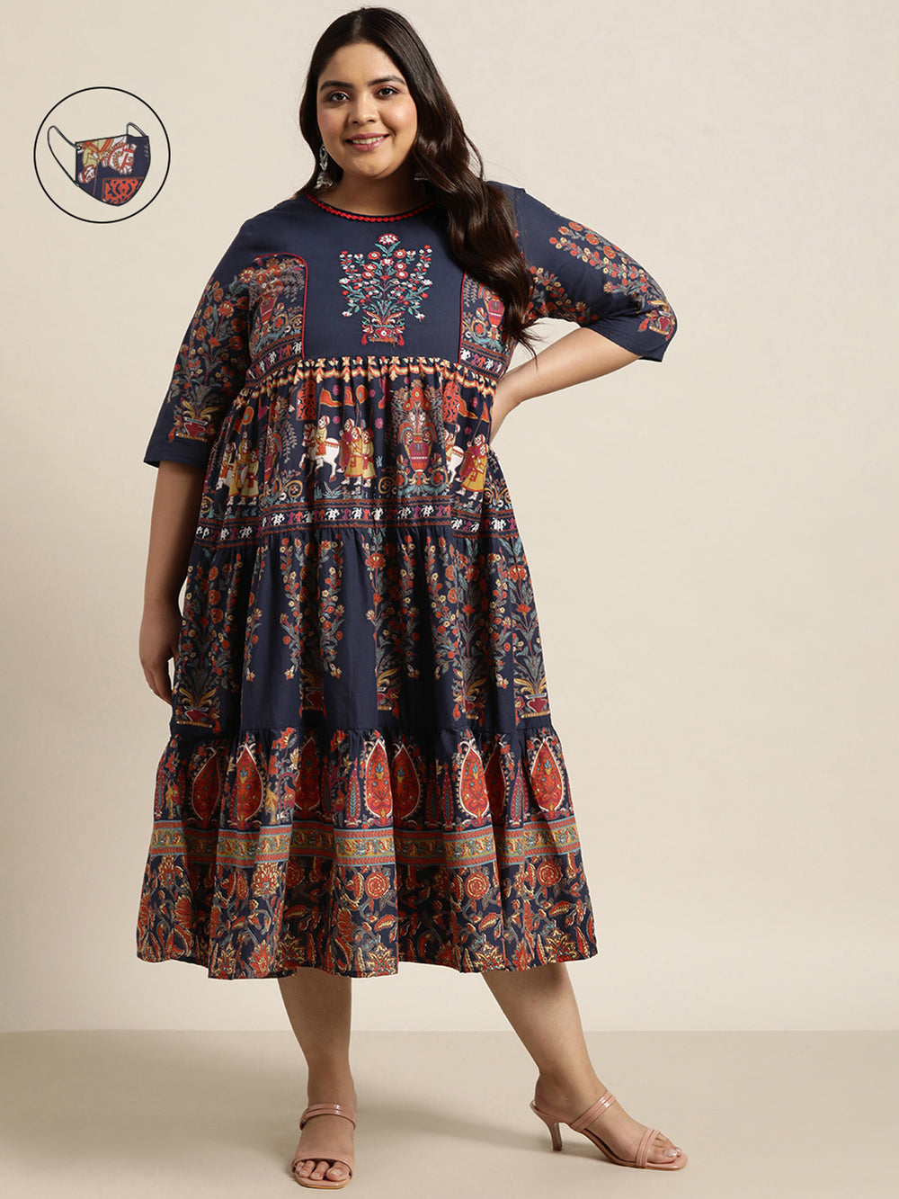 Juniper Women's Indigo Cambric Daily Wear Printed Tiered Dress | Grocsy