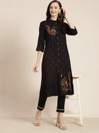 Juniper Womens M-Black Rayon Slub Printed Kurta | Grocsy