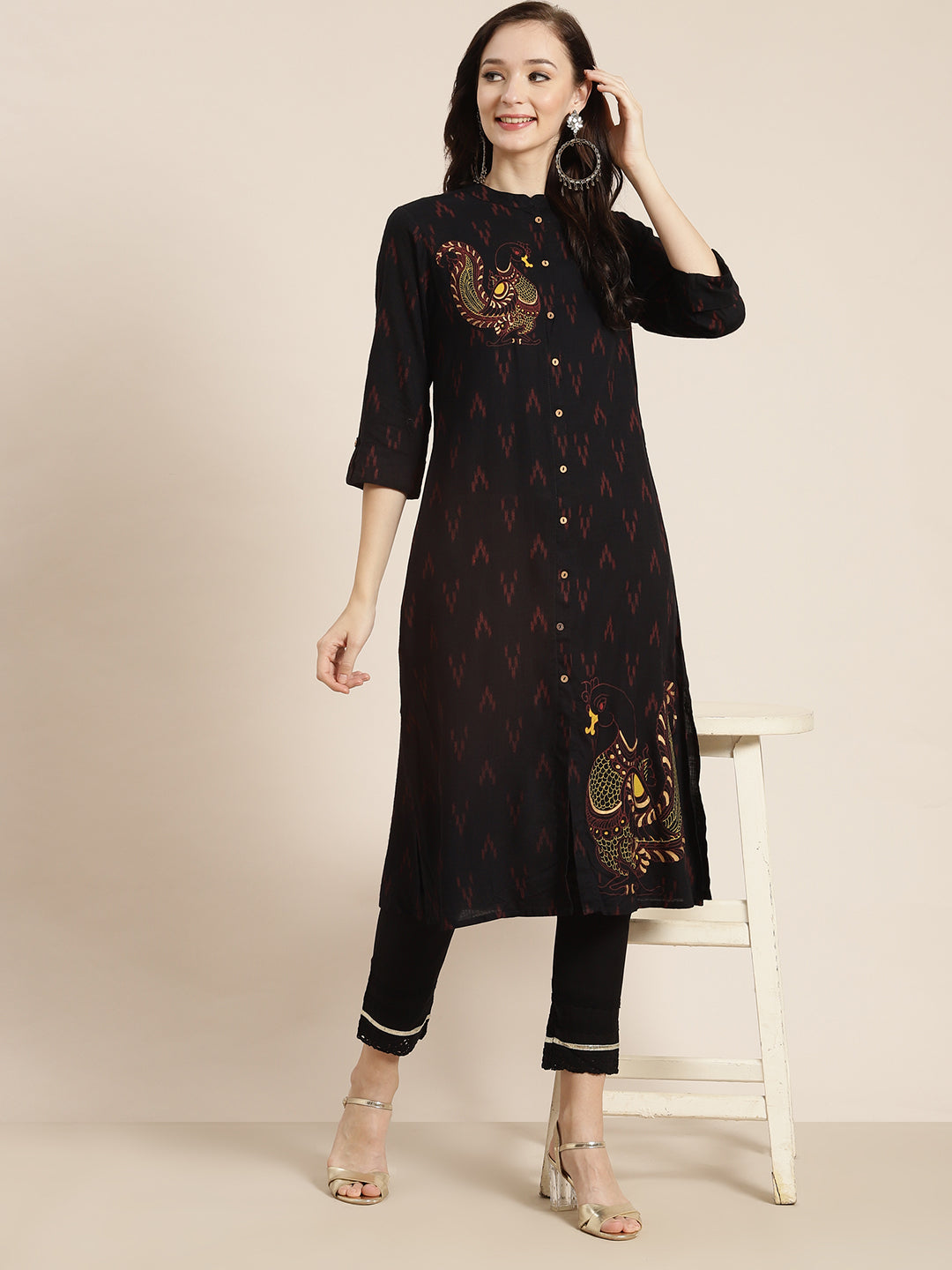 Juniper Womens M-Black Rayon Slub Printed Kurta | Grocsy