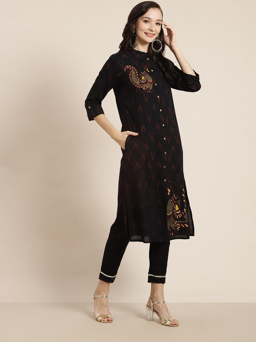 Juniper Womens M-Black Rayon Slub Printed Kurta | Grocsy