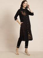 Juniper Womens M-Black Rayon Slub Printed Kurta | Grocsy
