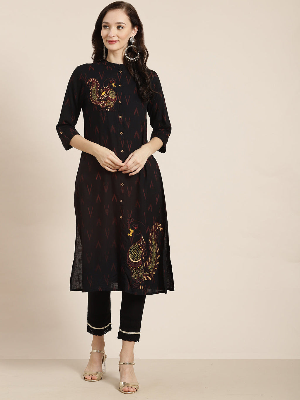 Juniper Womens M-Black Rayon Slub Printed Kurta | Grocsy