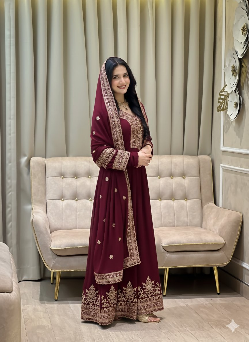 Teeya Creation Maroon Color Faux Georgette Embroidery Work Long Party Wear Gown | Grocsy