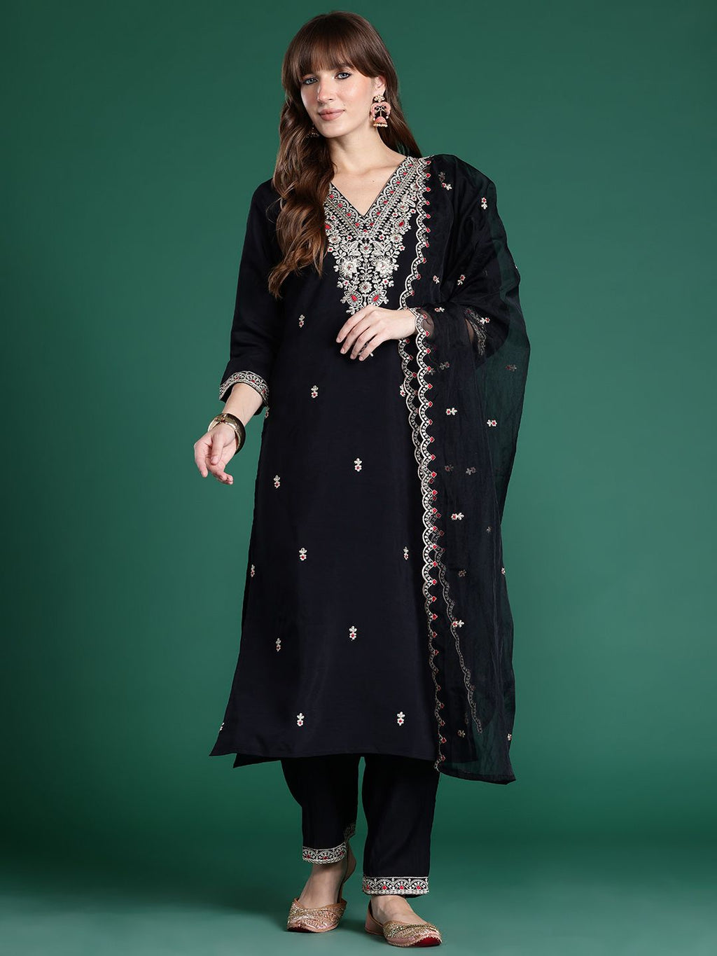 Indo Era Ethnic Motifs Embroidered Sequinned Kurta With Trousers & Dupatta | Grocsy