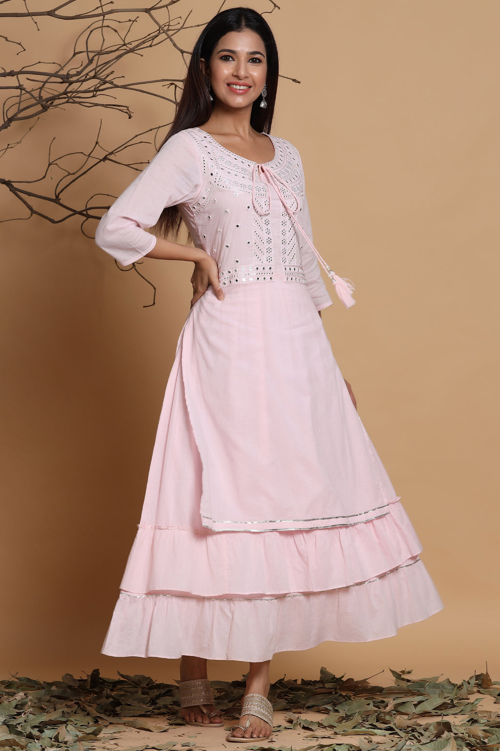 Juniper Pink Cotton Embroidered Layered Maxi Dress With Dori Tassels | Grocsy