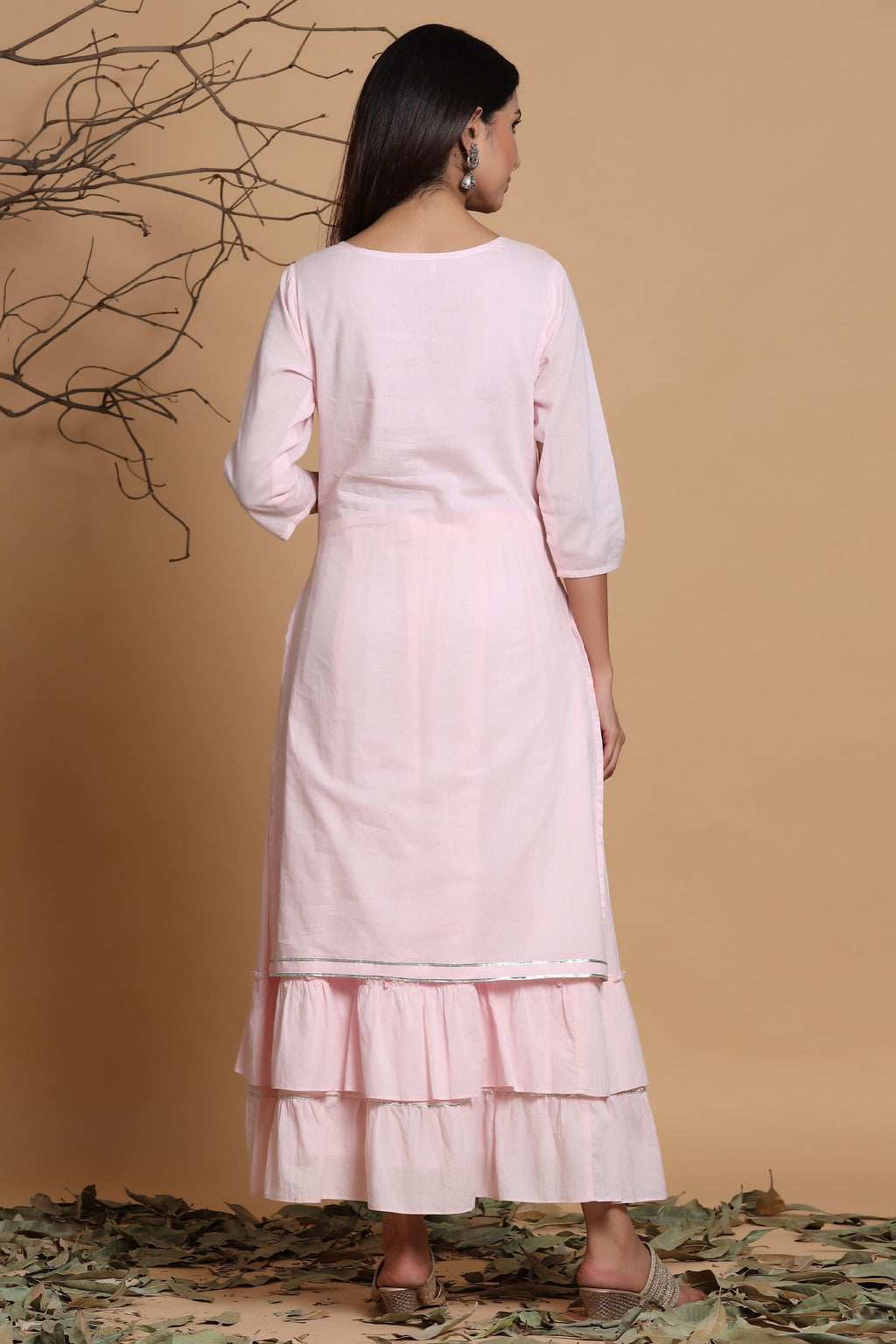 Juniper Pink Cotton Embroidered Layered Maxi Dress With Dori Tassels | Grocsy