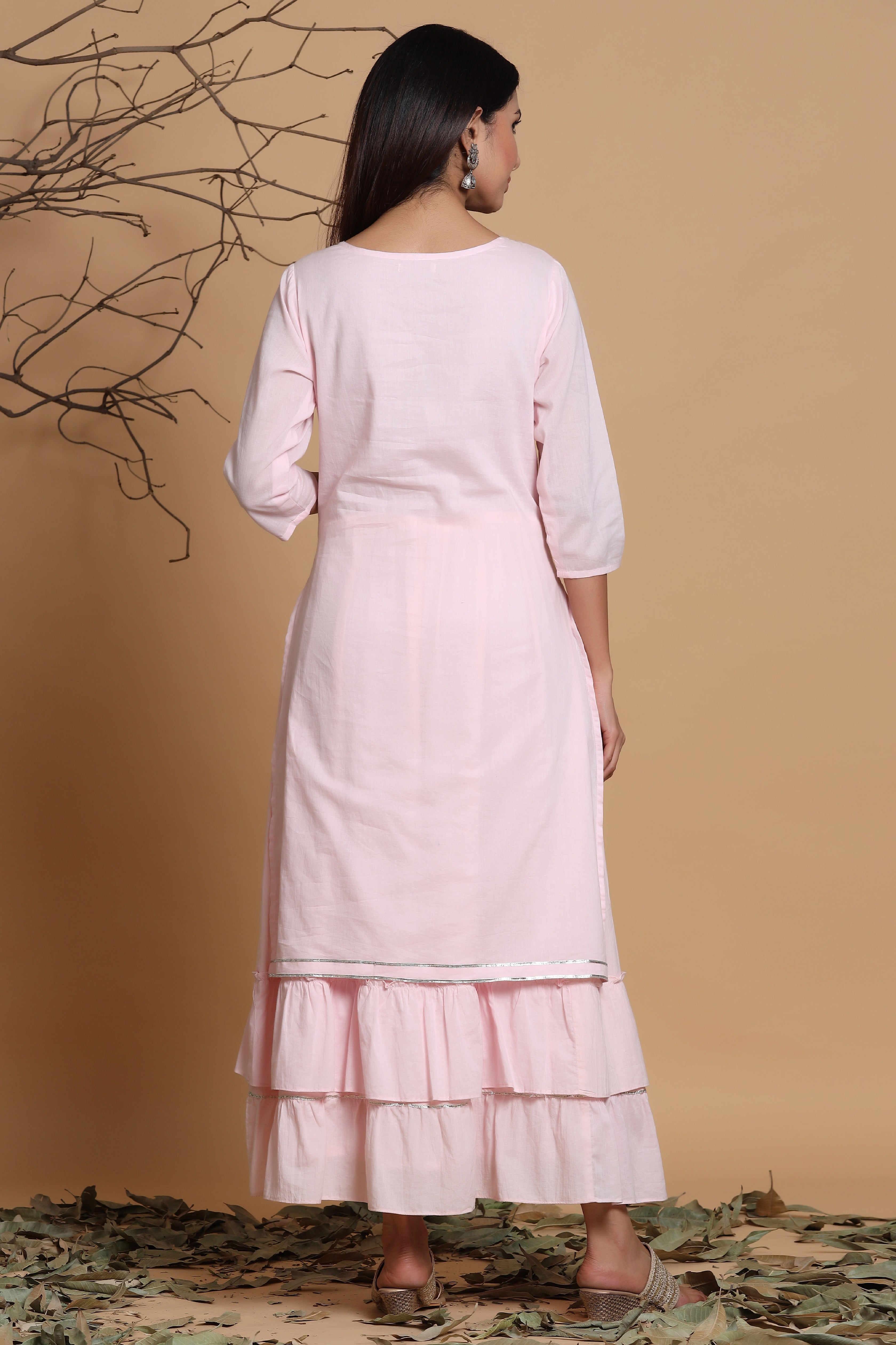 Juniper Pink Cotton Embroidered Layered Maxi Dress With Dori Tassels | Grocsy