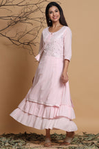 Juniper Pink Cotton Embroidered Layered Maxi Dress With Dori Tassels | Grocsy