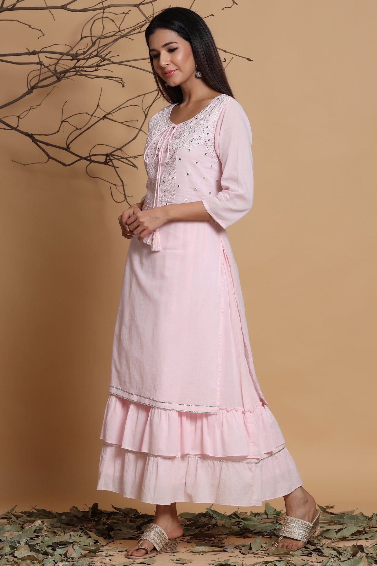 Juniper Pink Cotton Embroidered Layered Maxi Dress With Dori Tassels | Grocsy