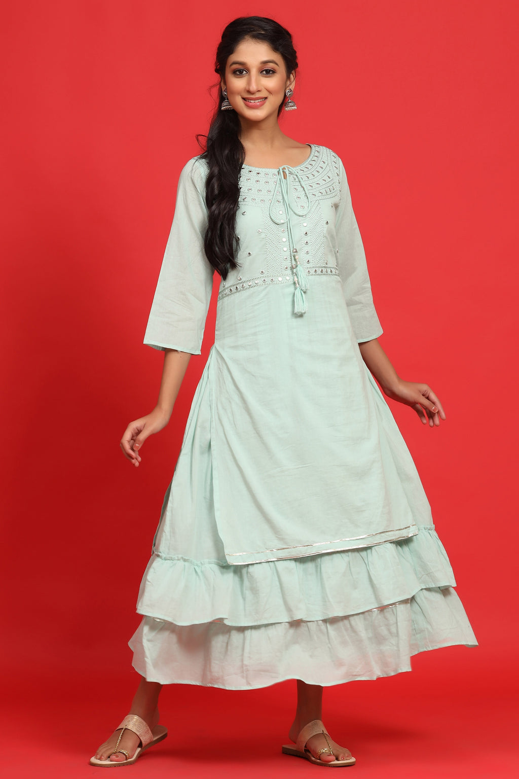Juniper Sage Green Cotton Embroidered Layered Maxi Dress With Dori Tassels | Grocsy