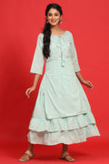 Juniper Sage Green Cotton Embroidered Layered Maxi Dress With Dori Tassels | Grocsy