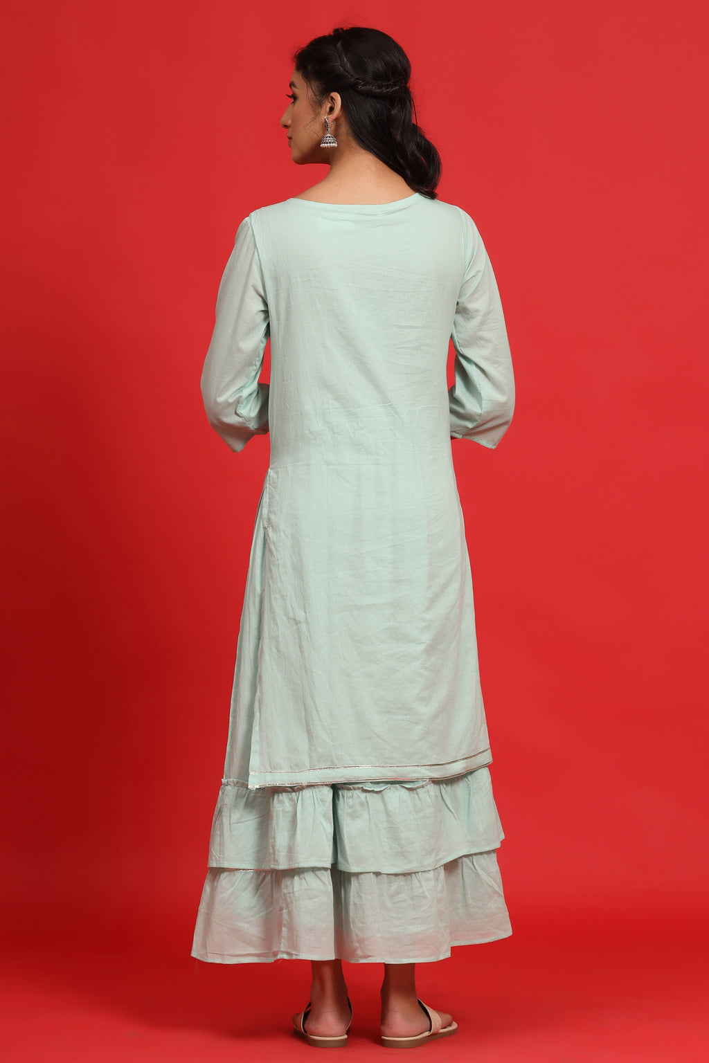 Juniper Sage Green Cotton Embroidered Layered Maxi Dress With Dori Tassels | Grocsy