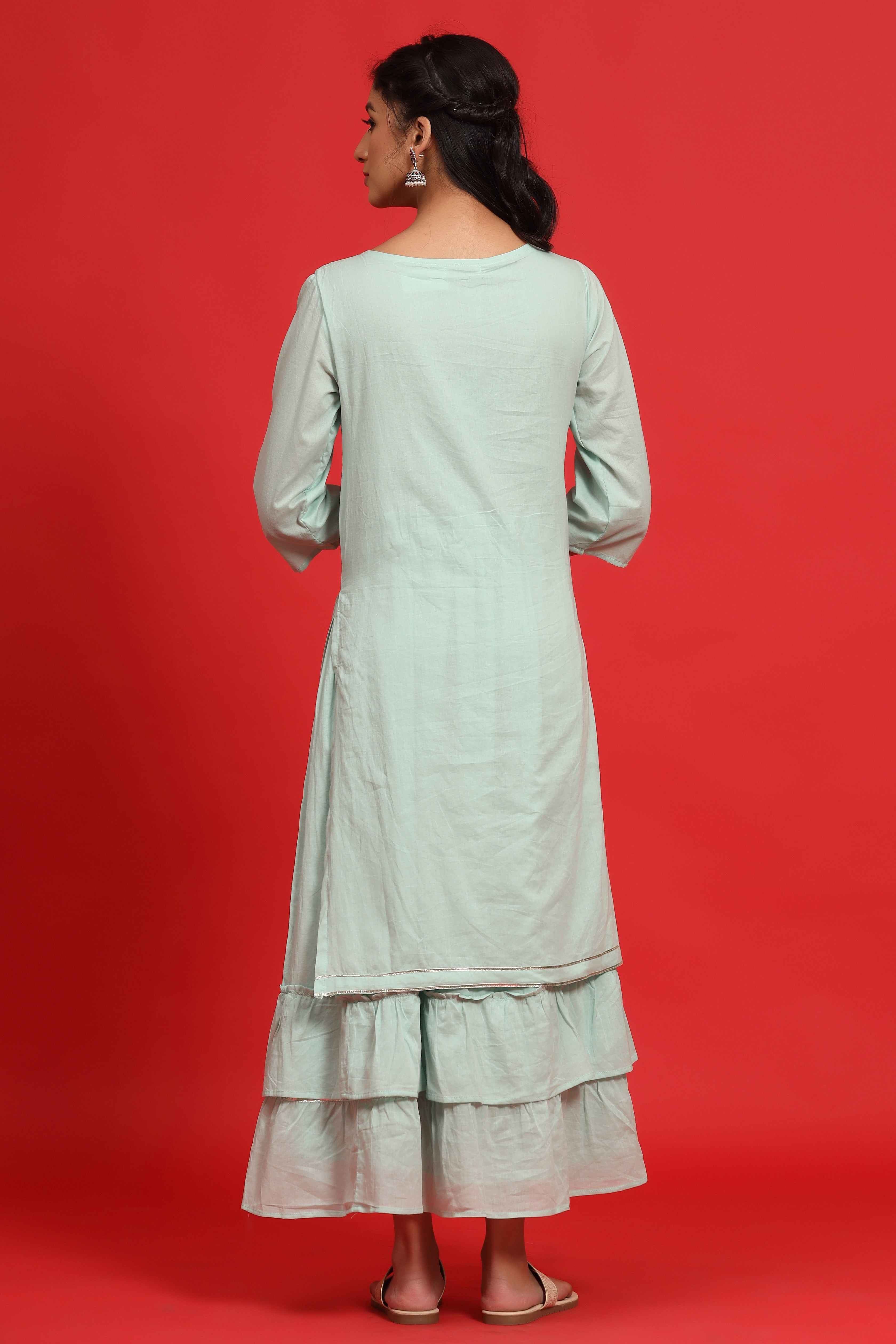 Juniper Sage Green Cotton Embroidered Layered Maxi Dress With Dori Tassels | Grocsy