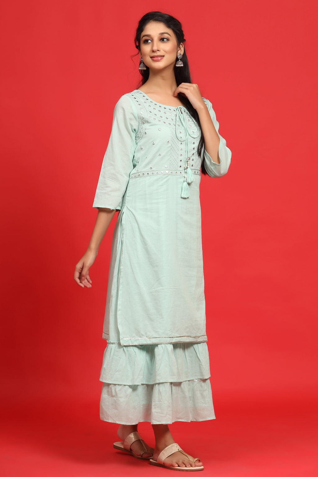 Juniper Sage Green Cotton Embroidered Layered Maxi Dress With Dori Tassels | Grocsy