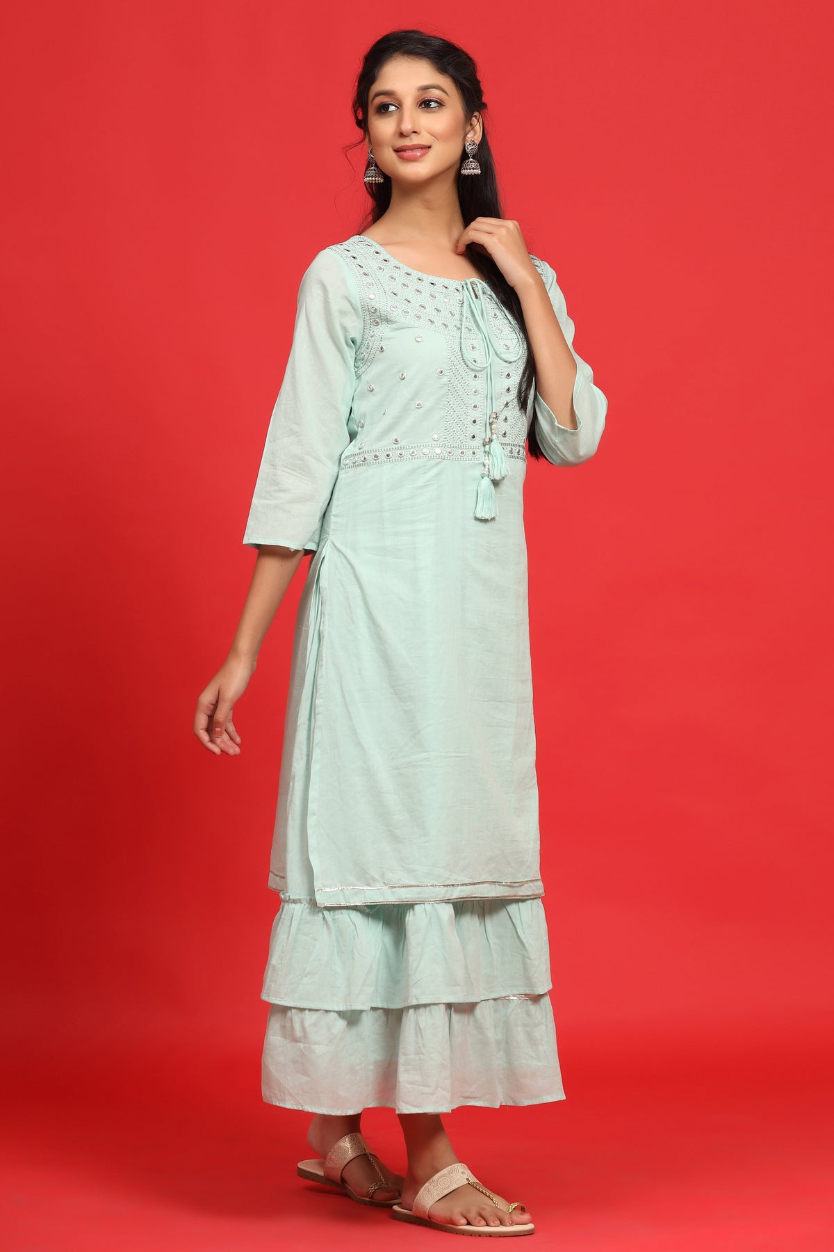 Juniper Sage Green Cotton Embroidered Layered Maxi Dress With Dori Tassels | Grocsy