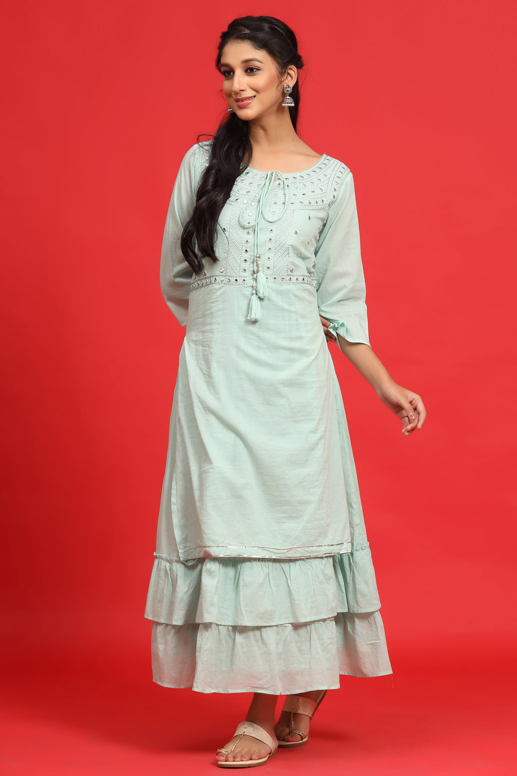 Juniper Sage Green Cotton Embroidered Layered Maxi Dress With Dori Tassels | Grocsy