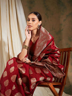 Sangria Red Ethnic Motifs Woven Design Zari Banarasi Saree | Grocsy