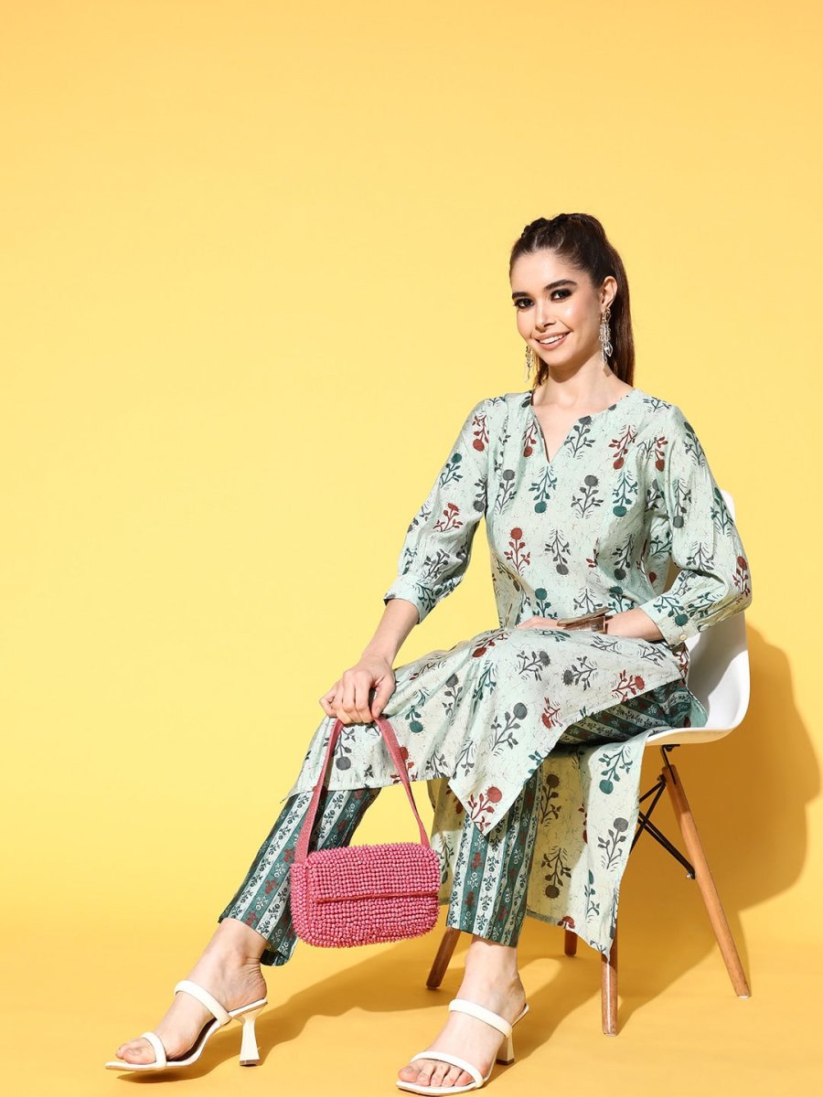 All About You Women Calm Green Ethnic Motifs Print Parade Kurta with Trousers | Grocsy