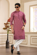 Raivat Ethnic Men's Art Silk Thread Work Kurta Pyjama In Mauve Colour | Grocsy