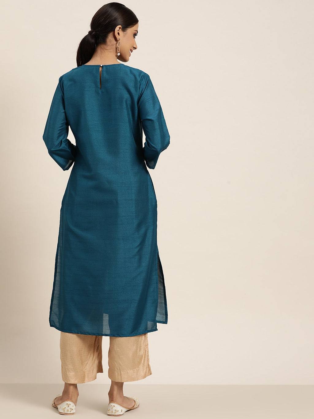 Sangria Women Teal Blue & Golden Ethnic Motifs Embroidered Sequinned Straight Kurta | Grocsy