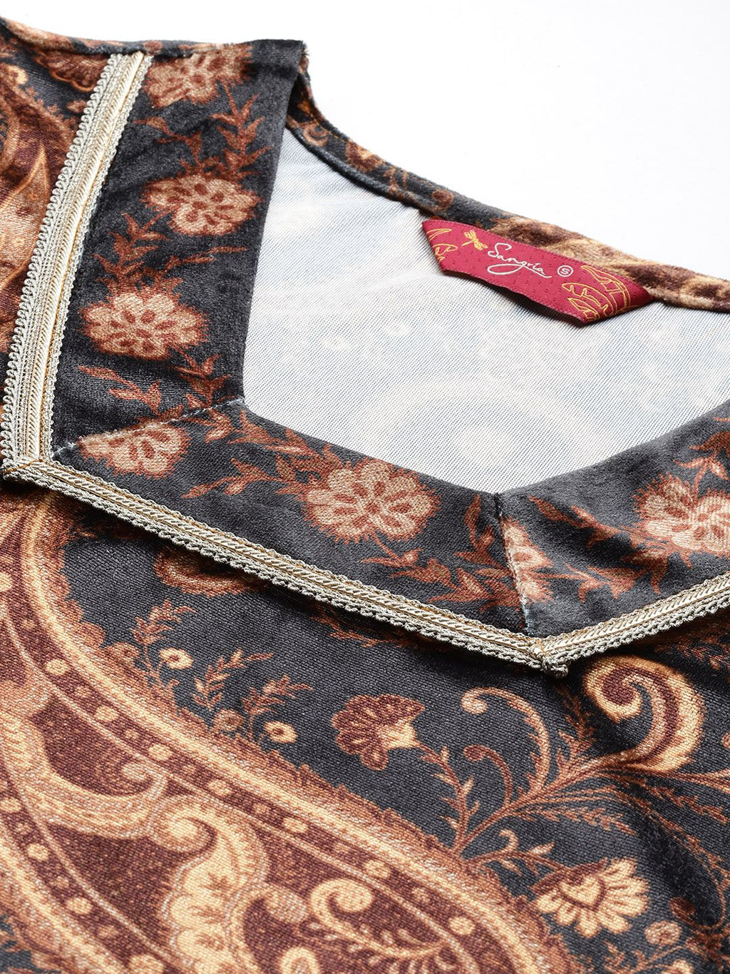 Sangria Velvet Finish Paisley Design Gotta Patti Kurta with Palazzos | Grocsy