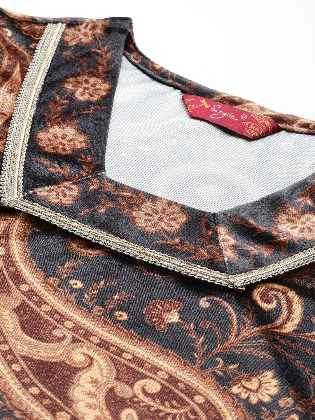 Sangria Velvet Finish Paisley Design Gotta Patti Kurta with Palazzos | Grocsy