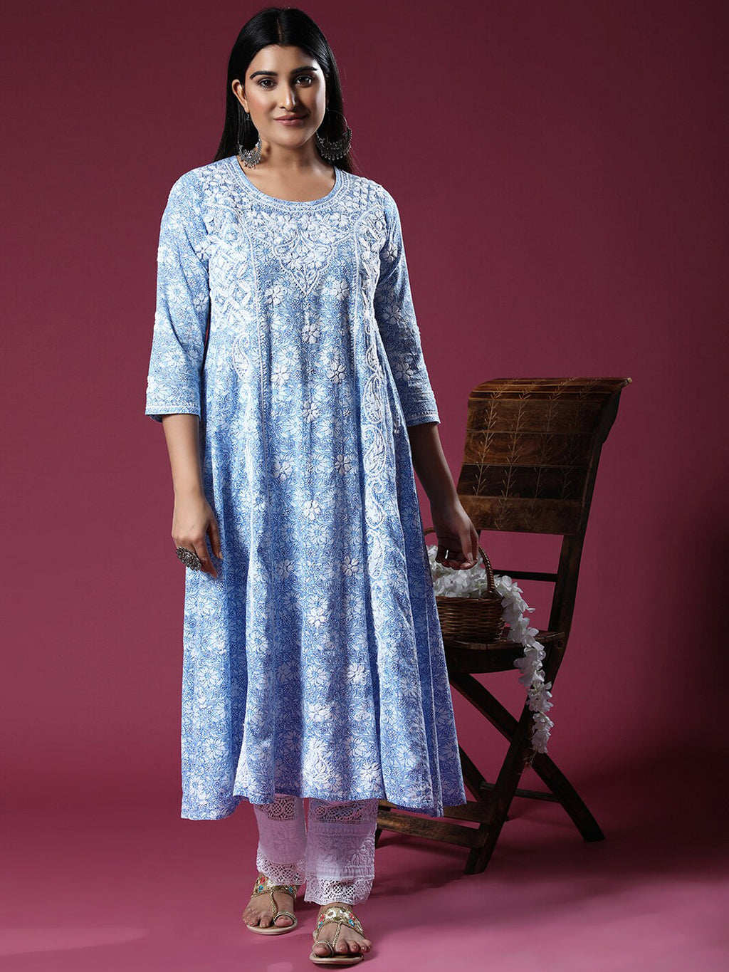 HOUSE OF KARI Floral Embroidered Chikankari Cotton Anarkali Kurta | Grocsy