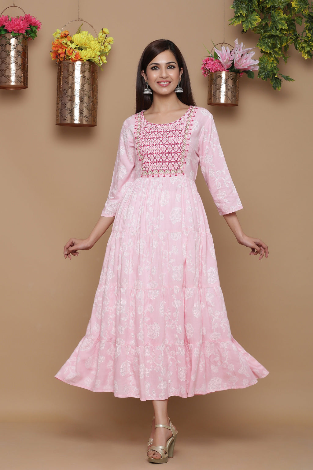 Juniper Baby Pink Ethnic Motif Printed Rayon Tiered Maxi Dress With Mirror Work Embroidery | Grocsy