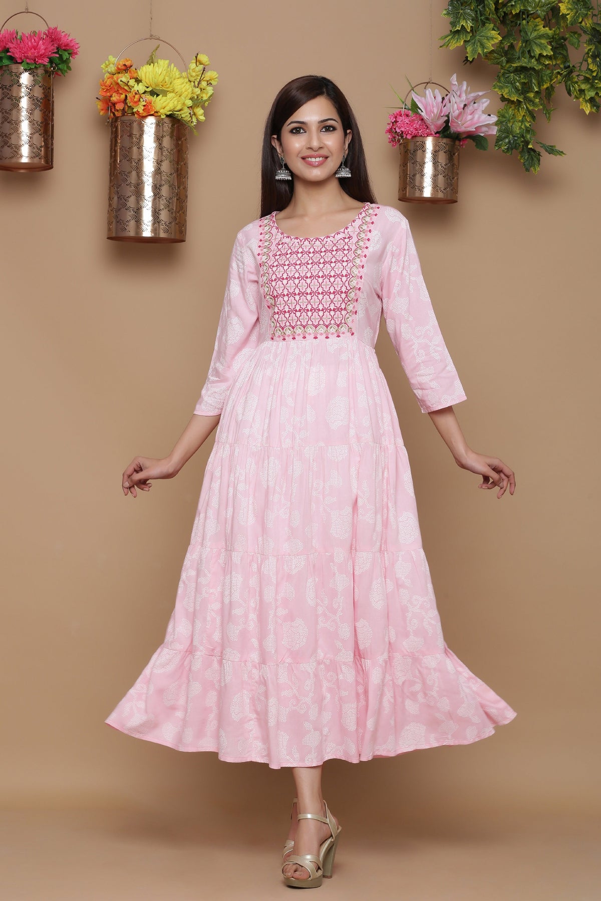 Juniper Baby Pink Ethnic Motif Printed Rayon Tiered Maxi Dress With Mirror Work Embroidery | Grocsy