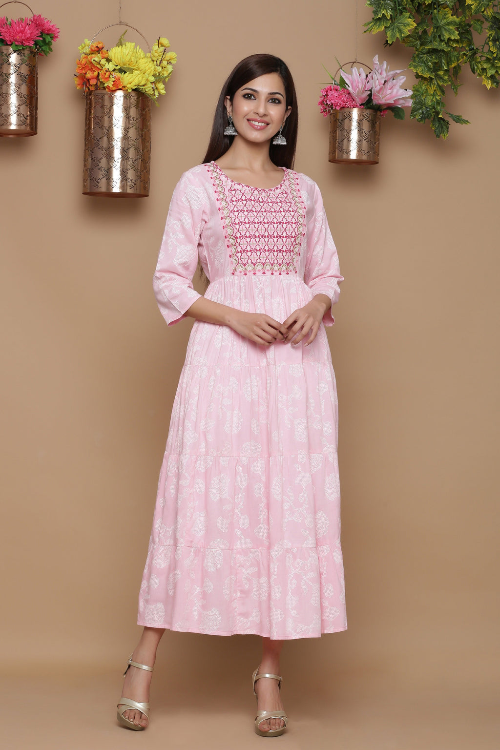 Juniper Baby Pink Ethnic Motif Printed Rayon Tiered Maxi Dress With Mirror Work Embroidery | Grocsy