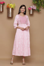Juniper Baby Pink Ethnic Motif Printed Rayon Tiered Maxi Dress With Mirror Work Embroidery | Grocsy