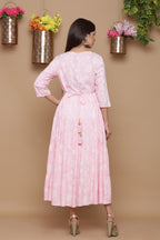 Juniper Baby Pink Ethnic Motif Printed Rayon Tiered Maxi Dress With Mirror Work Embroidery | Grocsy