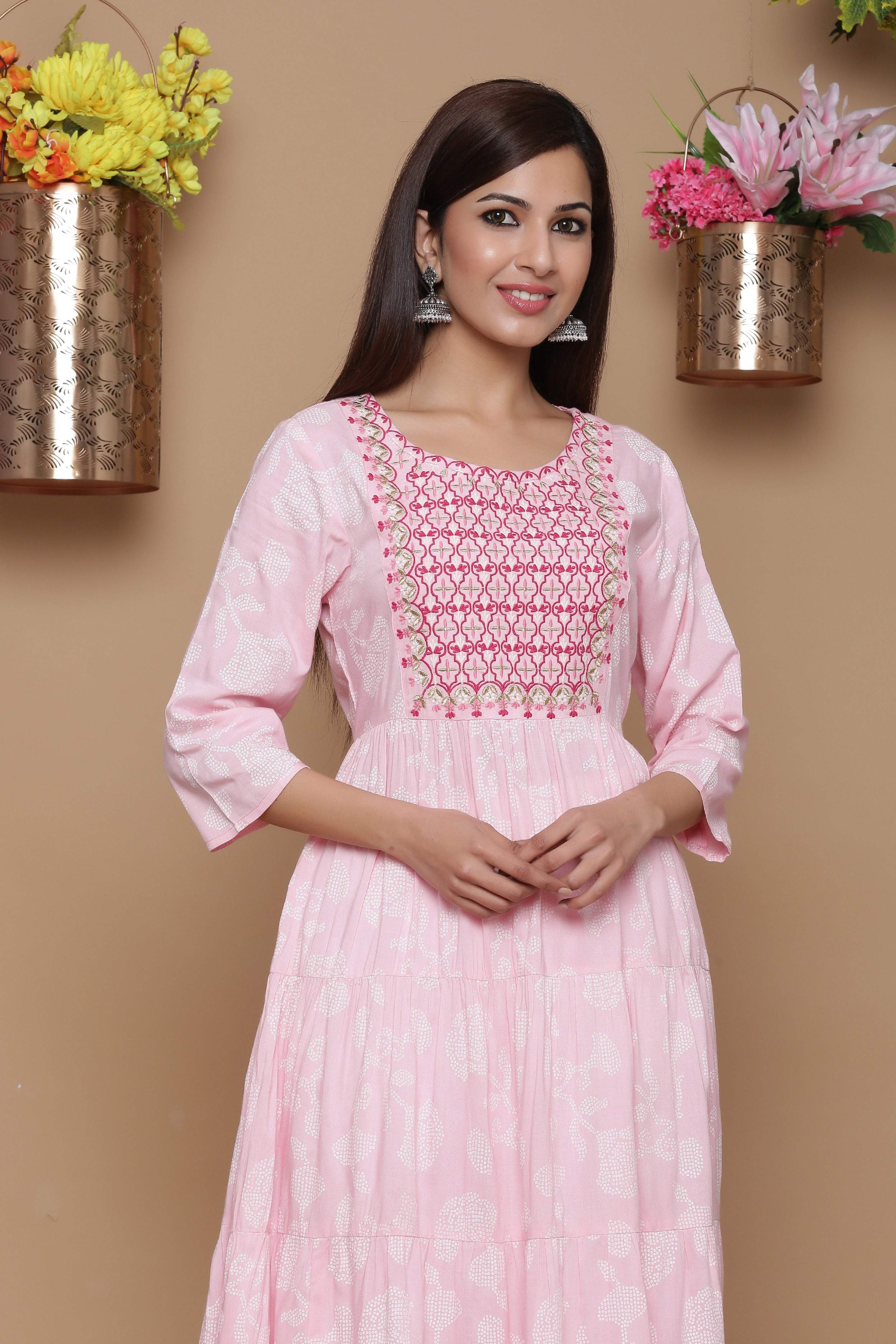 Juniper Baby Pink Ethnic Motif Printed Rayon Tiered Maxi Dress With Mirror Work Embroidery | Grocsy
