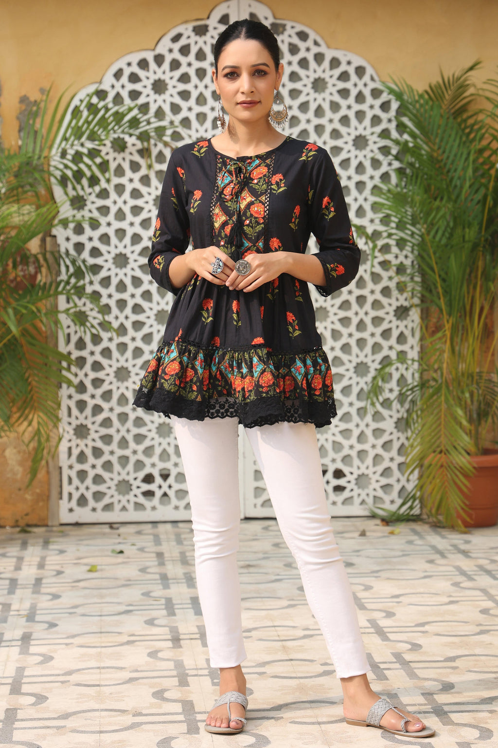 Juniper Black Floral Printed Peplum Pure Cotton Tunic With Lace | Grocsy