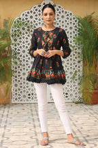Juniper Black Floral Printed Peplum Pure Cotton Tunic With Lace | Grocsy