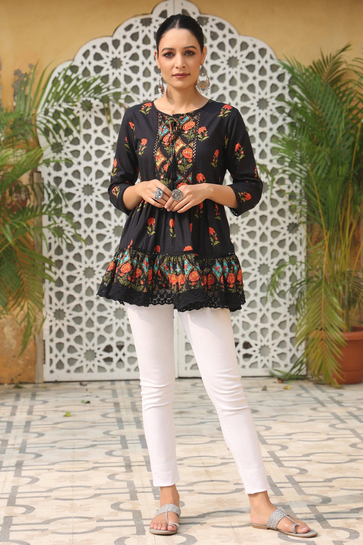 Juniper Black Floral Printed Peplum Pure Cotton Tunic With Lace | Grocsy
