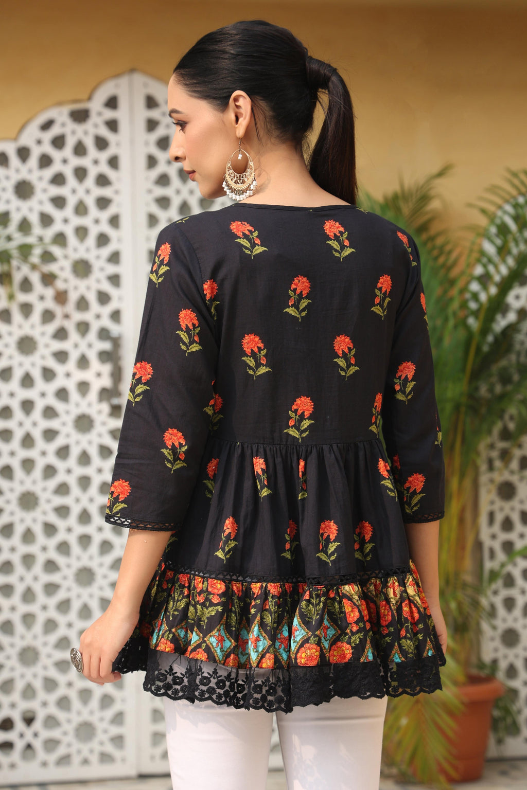 Juniper Black Floral Printed Peplum Pure Cotton Tunic With Lace | Grocsy
