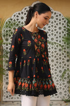 Juniper Black Floral Printed Peplum Pure Cotton Tunic With Lace | Grocsy