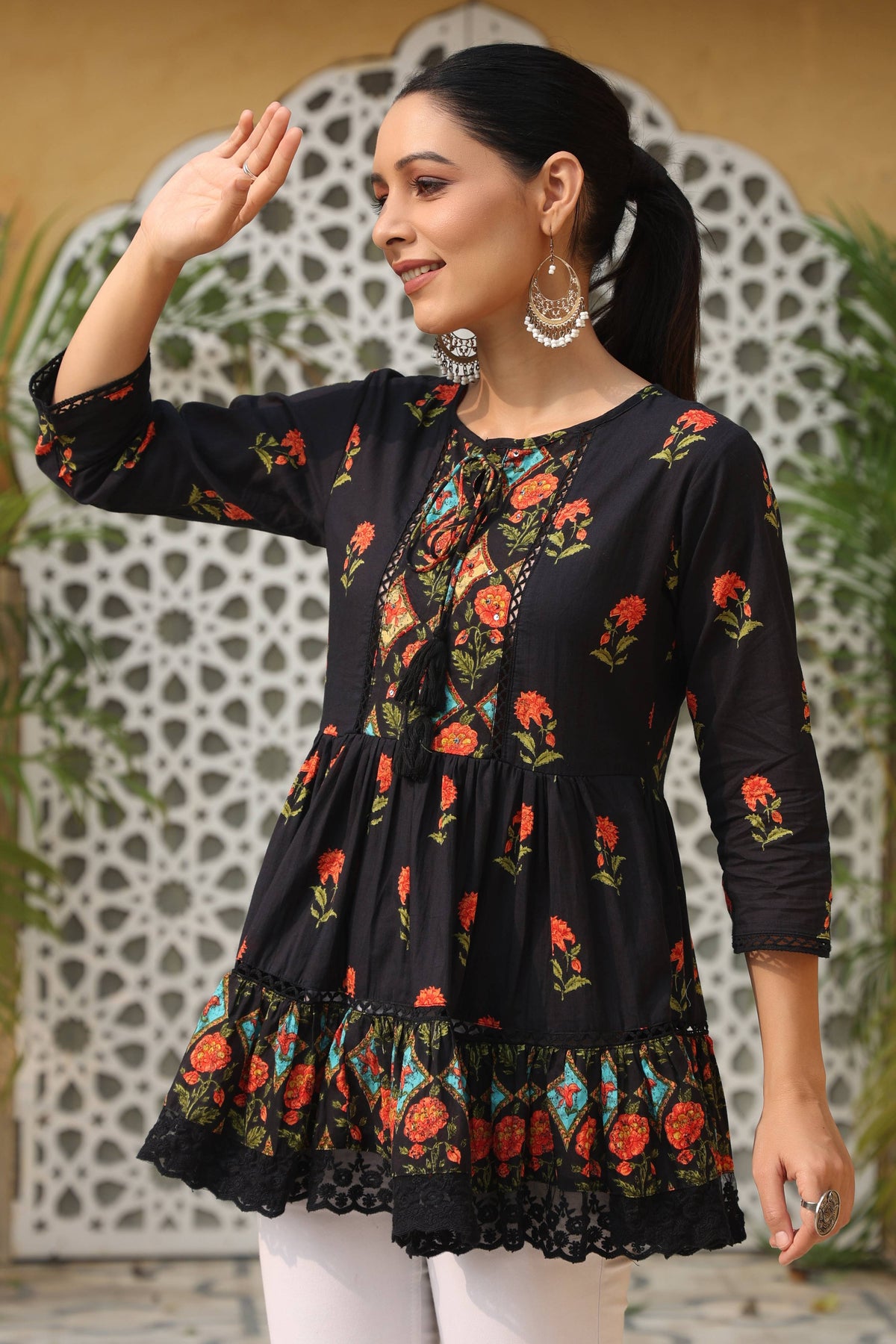 Juniper Black Floral Printed Peplum Pure Cotton Tunic With Lace | Grocsy