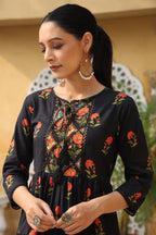 Juniper Black Floral Printed Peplum Pure Cotton Tunic With Lace | Grocsy