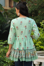 Juniper Pista Green Floral Printed Pure Cotton Peplum Tunic With Lace | Grocsy